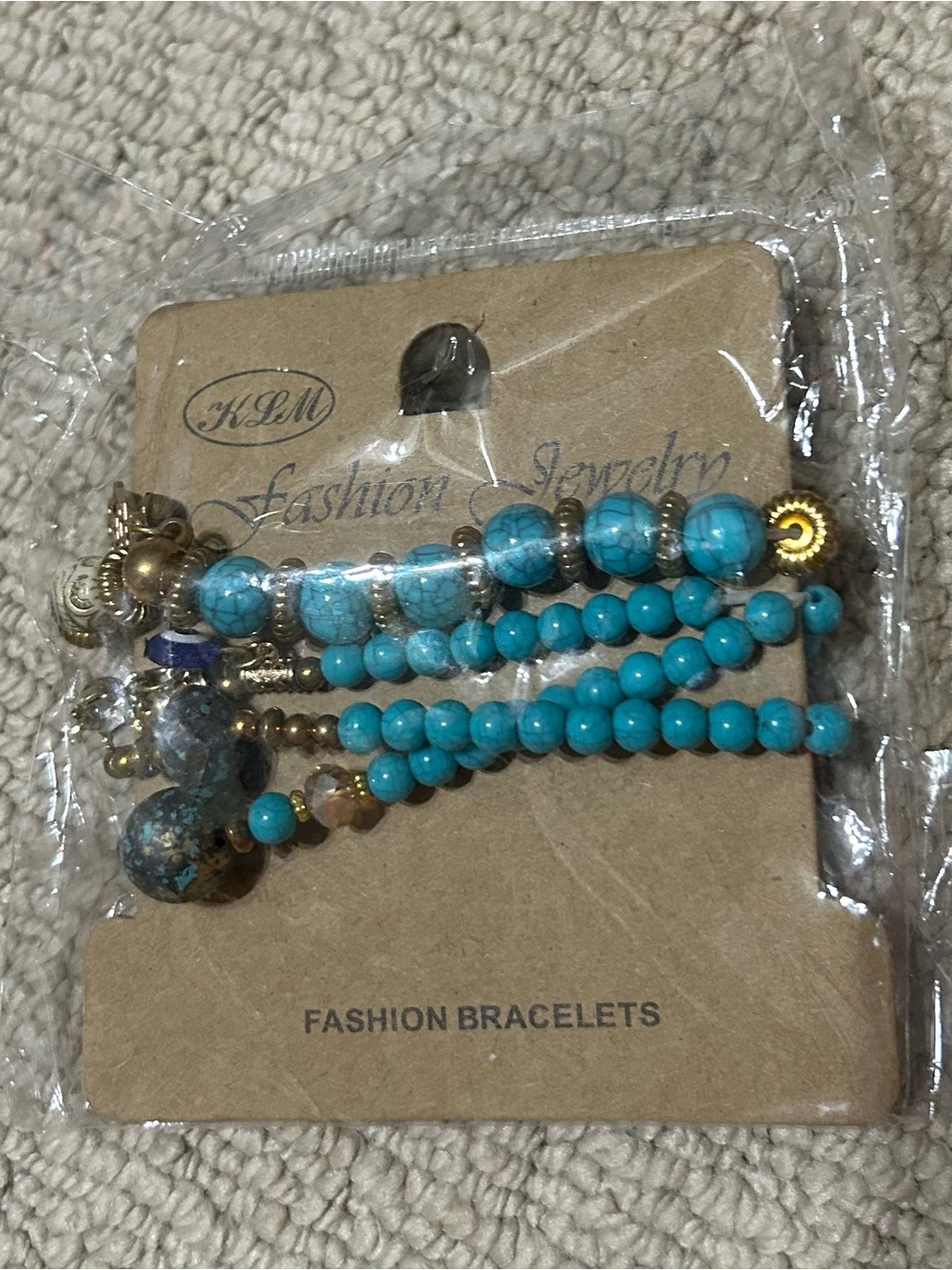 Turquoise Beaded Multi-Row Stretch Bracelet Set with Gold Accents